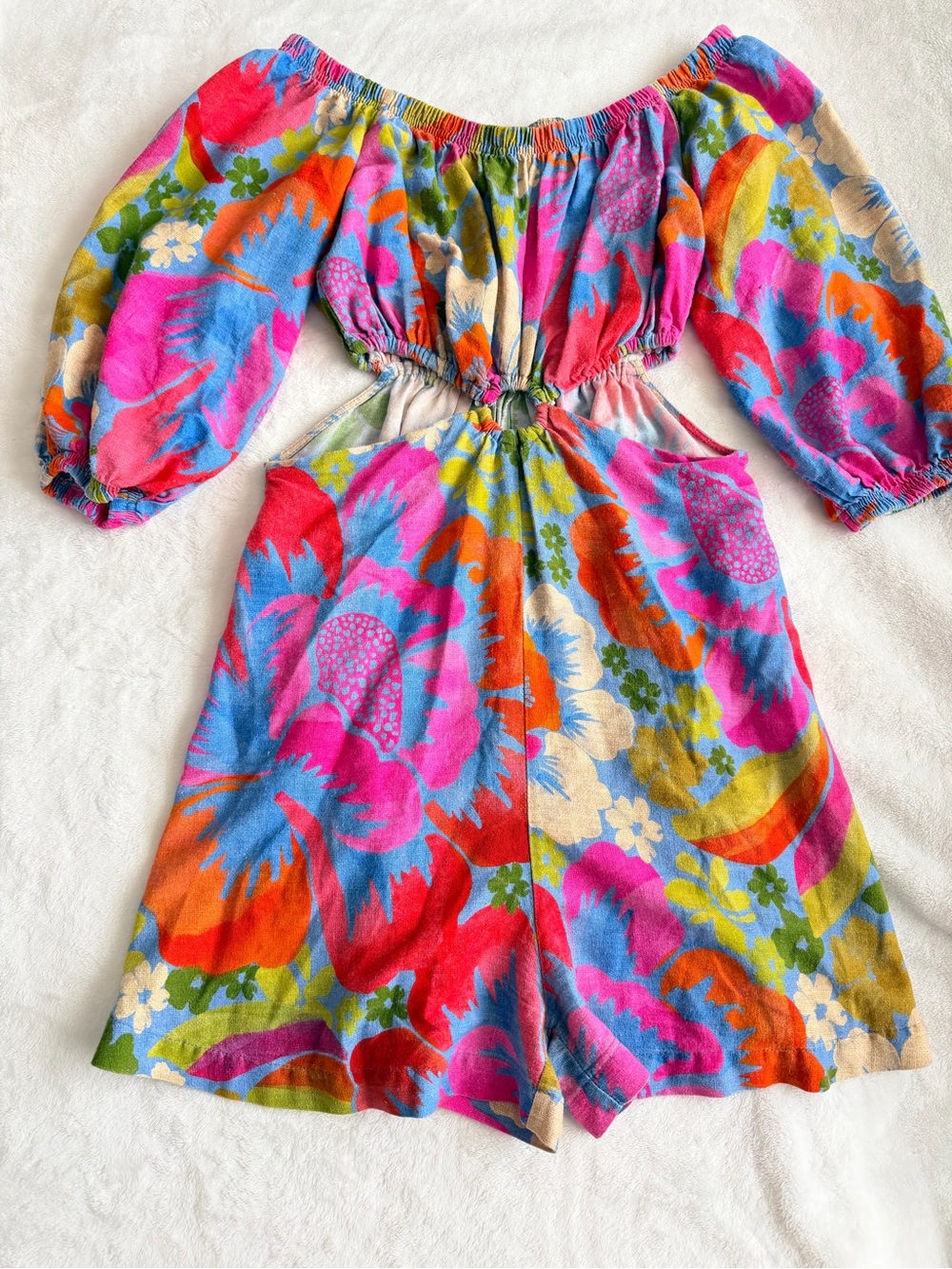 FARM Rio Multicolor Floral Off-Shoulder Romper - Pink, Blue, Orange, Green